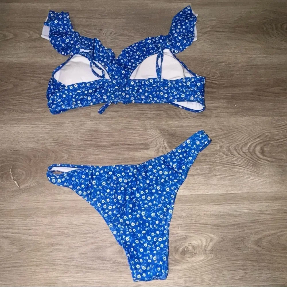 Blue Floral Bikini + Matching Skirt Set